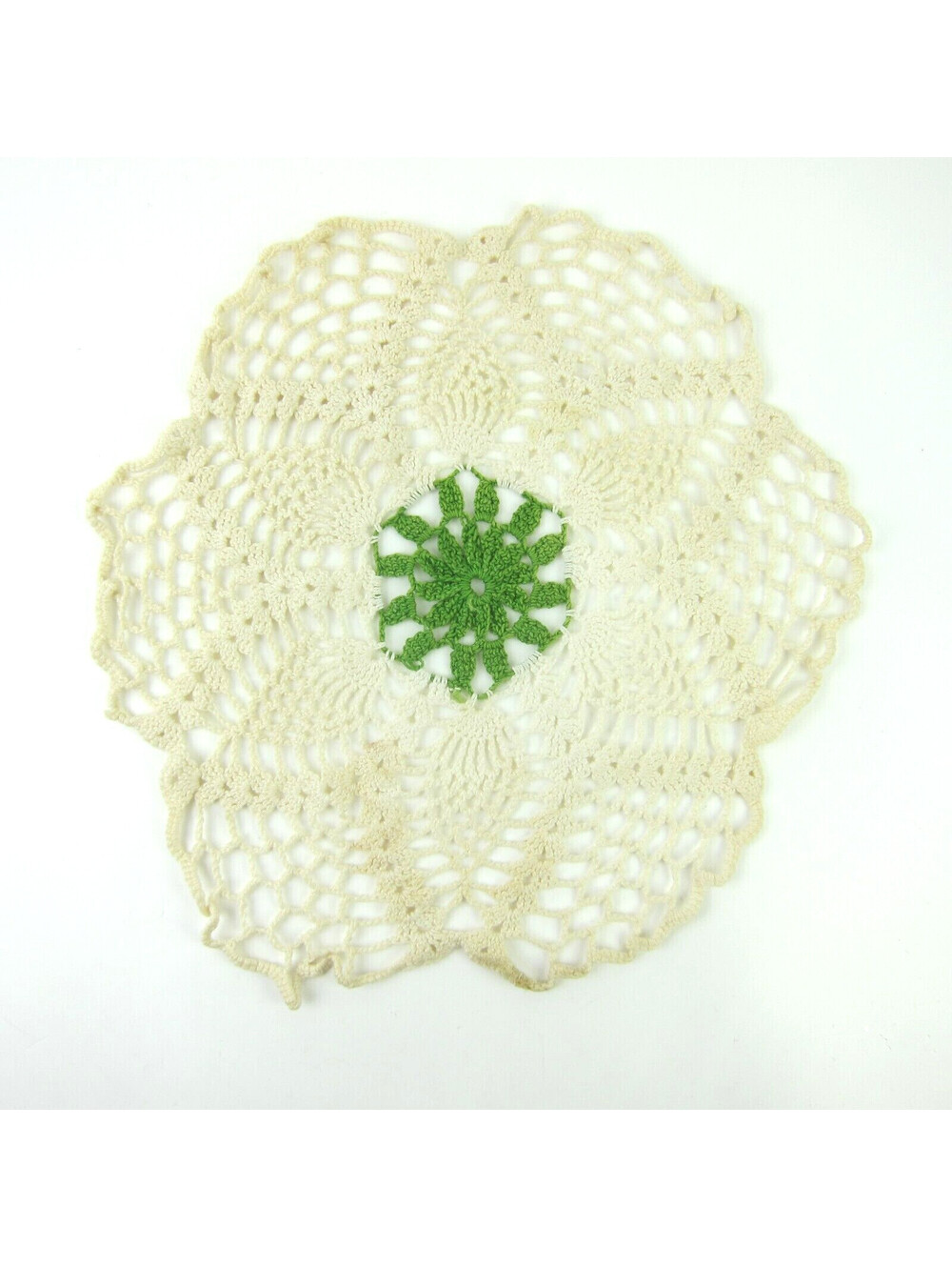 Vintage Hand Crochet Doily Green & Ivory White 12" Scallop Edge Shabby Cottage